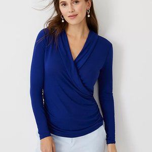 Women's NWT Royal Cobalt Blue Shaw Collar Wrap Top Shirred Sides Ann Taylor